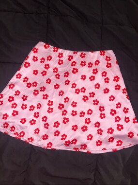 Pink Floral A-Line Skirt with Red Flowers